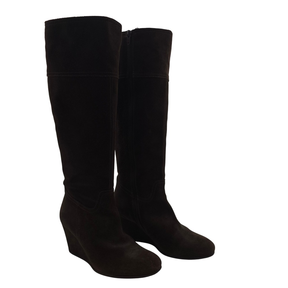 Garnet Hill Brown Suede Wedge Knee High Boots 5.5 Made in Italy Zip Leather